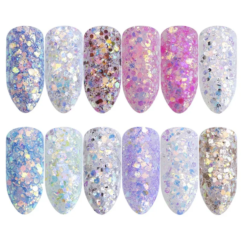 12 Grids/Sets Nail Mermaid Glitter Flakes Sparkly 3D Hexagon Colorful Sequins Spangles Polish Nails Art Decorations Manicure Set