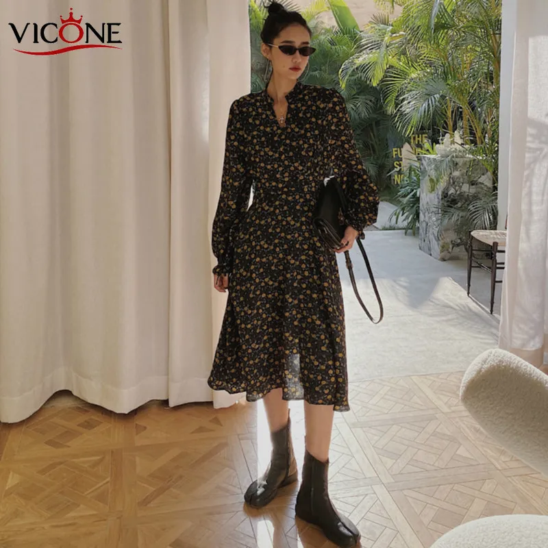 

VICONE Elegant Women Casual Print Dress Long Sleeve Female Dress 2020 New Spring Summer Women Midi Vestidos Sweater Dress