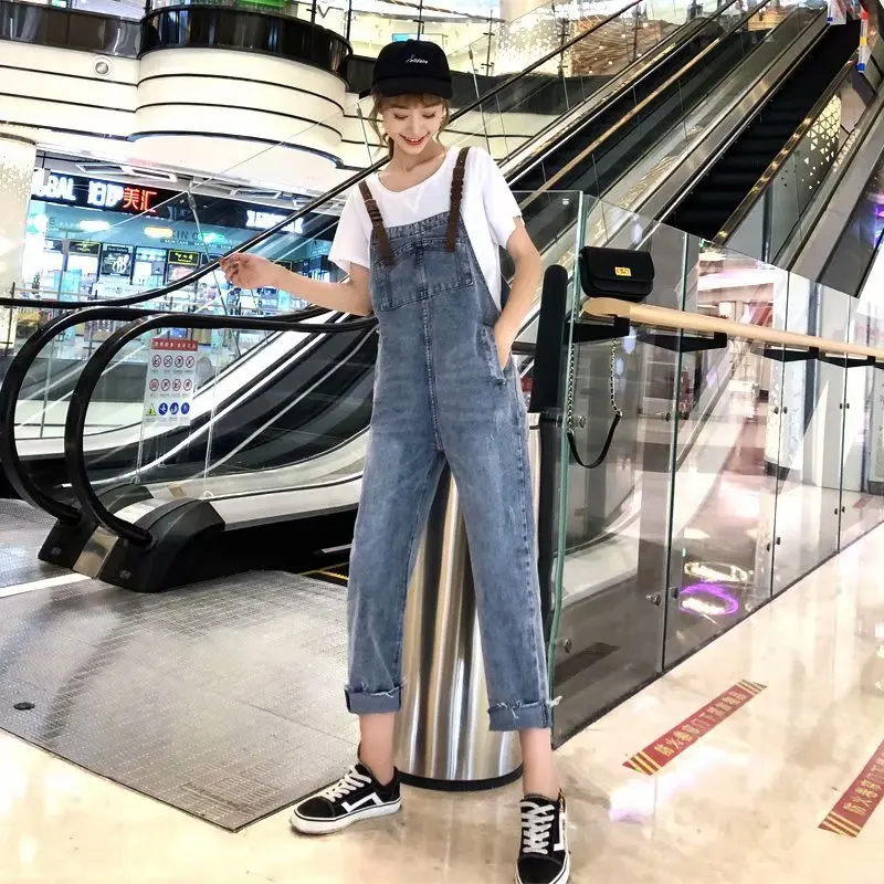 Women High Waist Boyfriend Denim Overalls for Women New Spring Loose Cotton Blue Ankle Length Jeans Plus Size