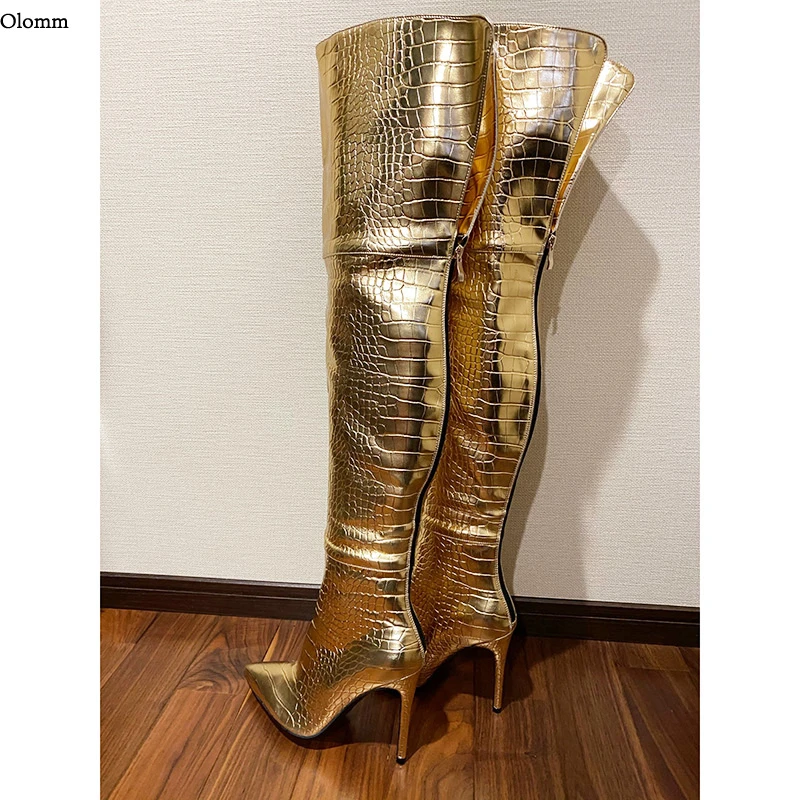 Olomm Botas altas hechas a mano mujer, zapatos de tacón de aguja con punta en pico, color dorado, plateado y negro, grande de EE. UU. 5 15| Botas sobre la rodilla| -