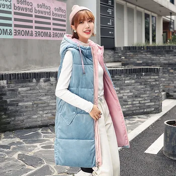 

2019 Cotton Down Jackets Vest Cotton-padded Clothes Long Fund Pleuche Sleeveless Vest Cotton Winter Jacket Women Coat Parka