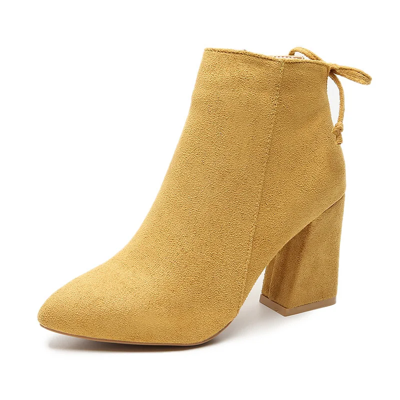 Hot Sale Women Boots Autumn Winter Flock Ankle Boots Female Square High Heels Shoes Woman Zipper Botas Zapatos Mujer - Цвет: Yellow