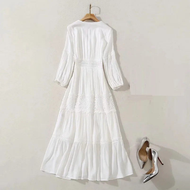 New Korean Fashion Style Dress 2020 Autumn Women V-Neck Hollow Out Lace Embroidery Long Sleeve A-Line White Red Party Chic Dress