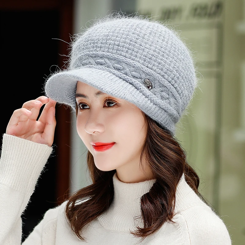 Теплые шапки из кроличьей шерсти, новинка, элегантный зимний вязаный берет, шапки для женщин, толстые теплые вязаные женские шапки в клетку, женская шапочка - Цвет: Grey