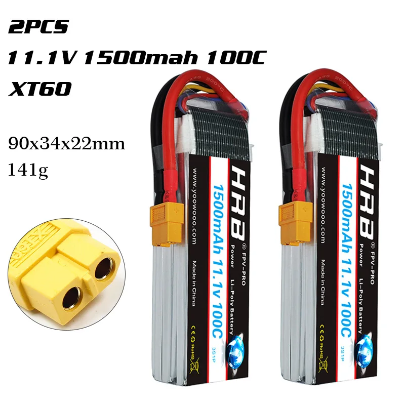 HRB 2S 3S 4S 5S 6S Lipo Батарея 1300 1500 мАч 2200 мАч 2700 мАч 5000 мАч 3300 6000 мА/ч, XT60 T EC5 EC2 7,4 V 11,1 V 14,8 V 22,2 V RC Запчасти - Цвет: 3S 1500mah 100C XT60