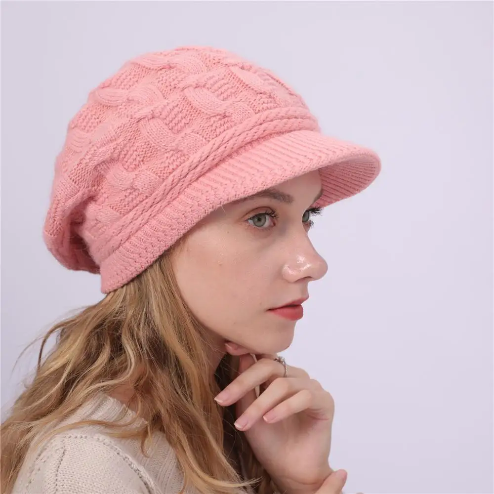 Бархатная теплая женская зимняя шапка из кроличьей шерсти с козырьком, женская вязаная шапка, розовые зимние шапки для женщин, шапка для девочек - Цвет: Розовый