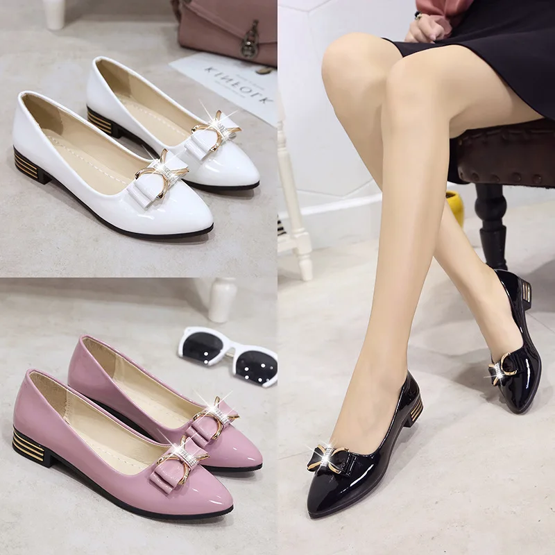 Spring And Autumn New Style Flat Pointed Man-made Diamond Bow Versatile WOMEN'S Shoes Slanted Heel Shoes for Four Seasons W