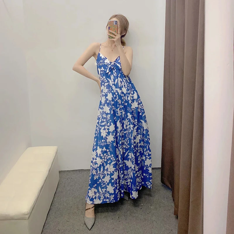 

2022 New Summer Women's Fashion Slimming Printed Suspender Dress Blue Floral Spaghetti Sexy Suspender Sleeveless Ankle Dress