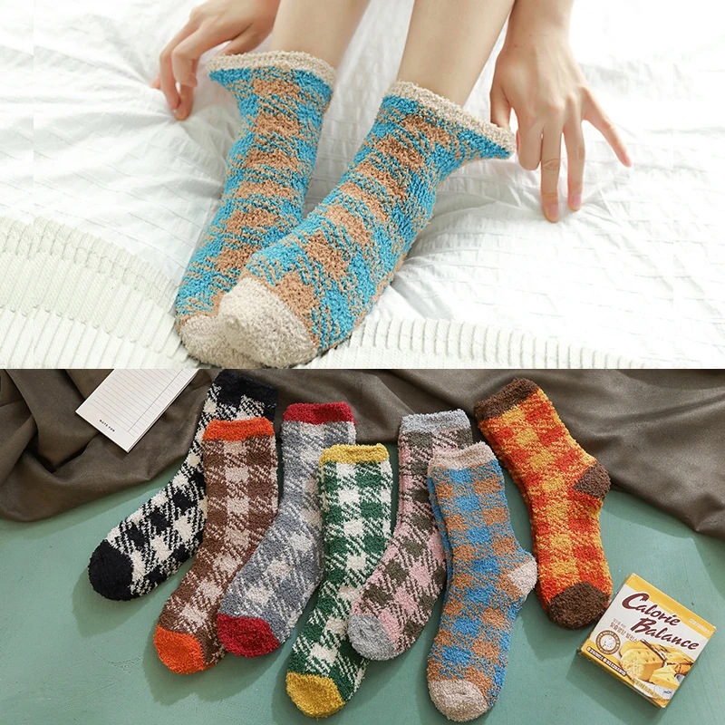 Носки г. Женские осенне-зимние Бархатные носки кораллового цвета в клетку, носки для сна плотные теплые махровые домашние носки-тапочки для девочек на Рождество