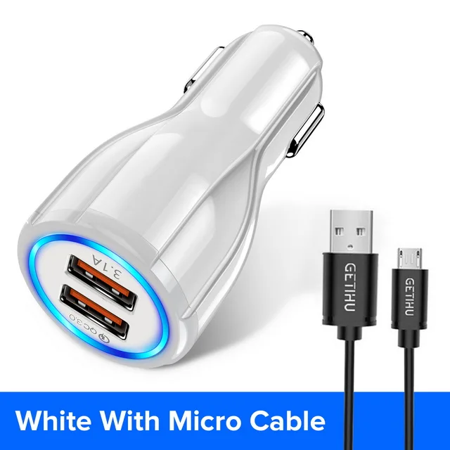 White and 1m Cable GETIHU Универсальный 18 Вт автомобиля Зарядное устройство Quick Charge 3,0 двойной 3.1A USB быстрая зарядка QC для iPhone samsung Xiaomi мобильного телефона в автомобиле - Тип штекера: White and 1m Cable