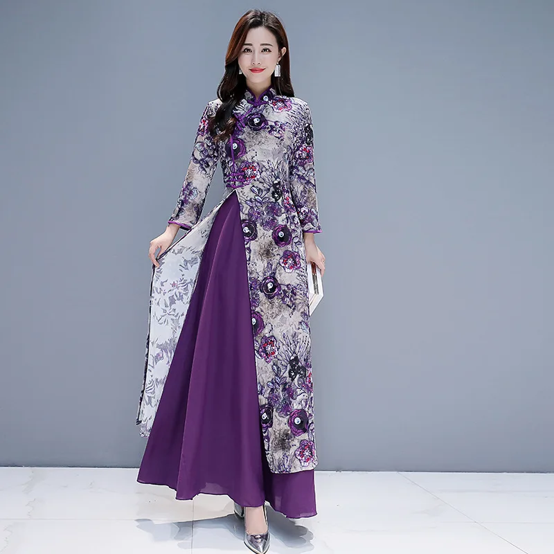 

2019 Autumn And Winter New Style WOMEN'S Dress Gold Velvet Cheongsam Long Sleeve Viet Nam Audrey Middle-aged Mom Elegant Dress