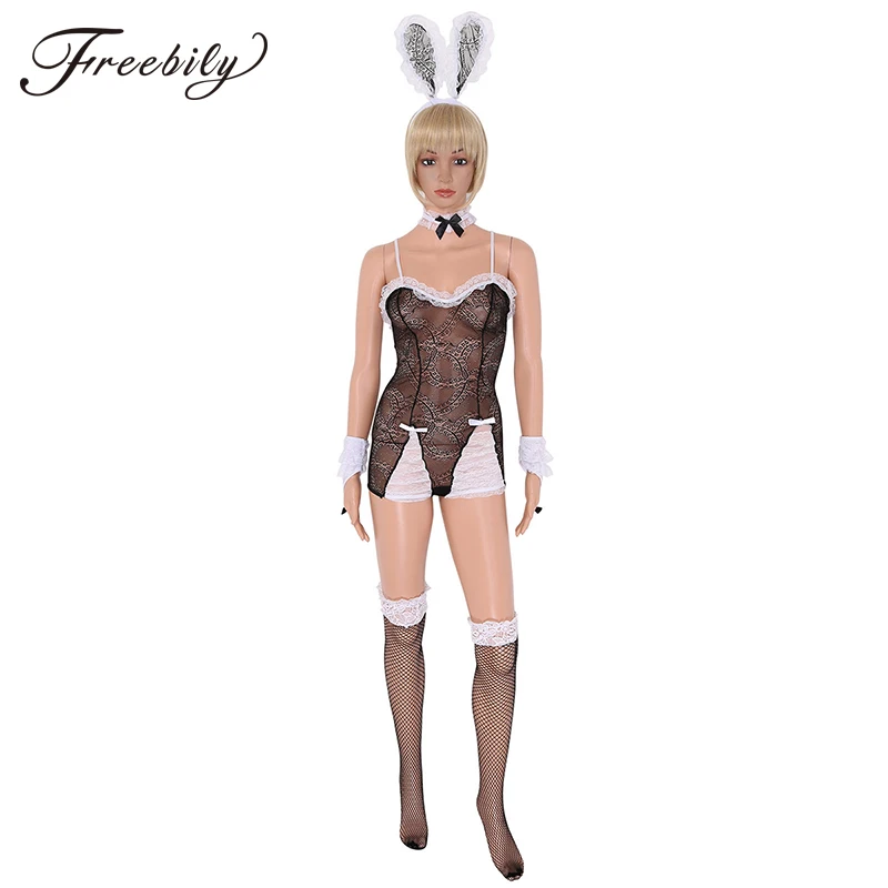 Sexy Bunny Girl Lace Babydoll Bodysuit Outfit Women Naughty Teddy Rabbit Uniform Maid Fantasia Lingerie Set Erotic Costume |