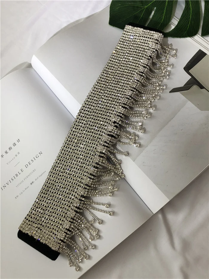 Women fashion blingbling fringe belt sexy club diamond beading knitted elastic belts autumn winter new