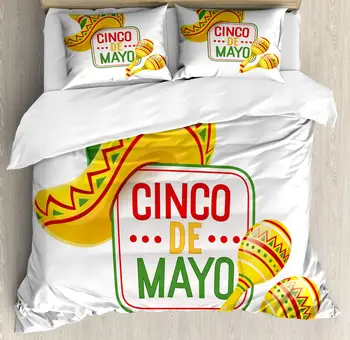 

Cinco de Mayo Duvet Cover Set Sombrero and Maracas with Text 3 Piece Bedding Set Earth Yellow Multicolor