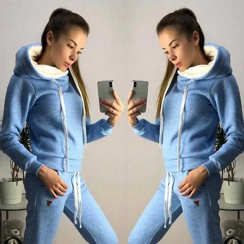 Solid Hoodies Women Thick Warm Pocket Casual Pullover Female Outdoor Sport Soft Sweatshirts Suit - Цвет: Синий