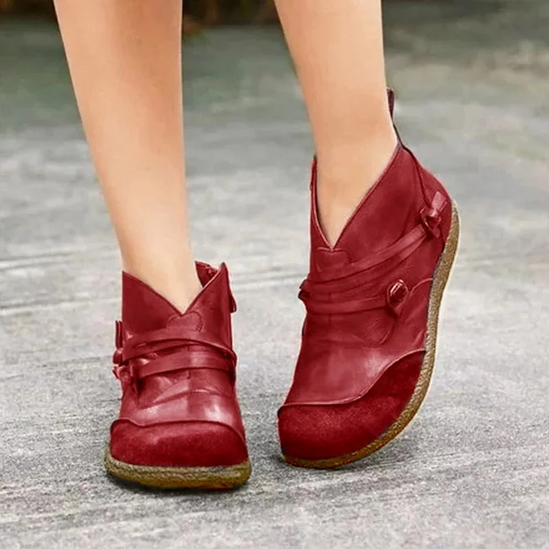 Oeak/ботильоны; женская обувь на плоской подошве из искусственной кожи в стиле ретро; повседневные полусапожки с круглым носком на молнии с пряжкой; Mujer Zapatos; - Цвет: Wine red