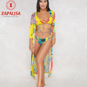

Zapalisa Sexy Bikini Beach Fashion Summer Flower Print Criss-Cross Bandage Halter Triangle Bra+Elastic Waist Briefs+Long Cloak