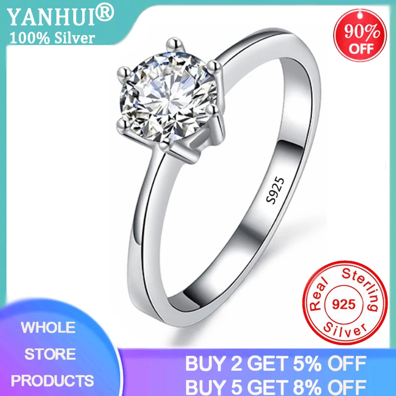 

YANHUI Real Natural Solid 925 Sterling Silver Rings Luxury 1 Carat Sona Diamond Wedding Rings for Women Full Size 4 5 6 7 8 9 10