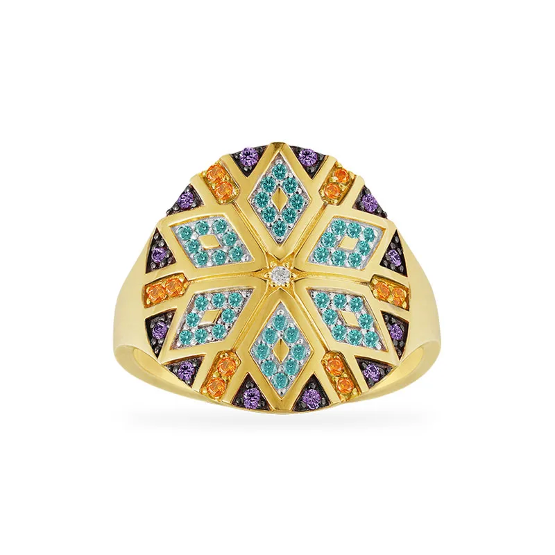 

SLJELY Fashion 925 Sterling Silver Yellow Gold Color Multicolor Stones Geometric Shapes Tribal Finger Ring for Women Mana Series