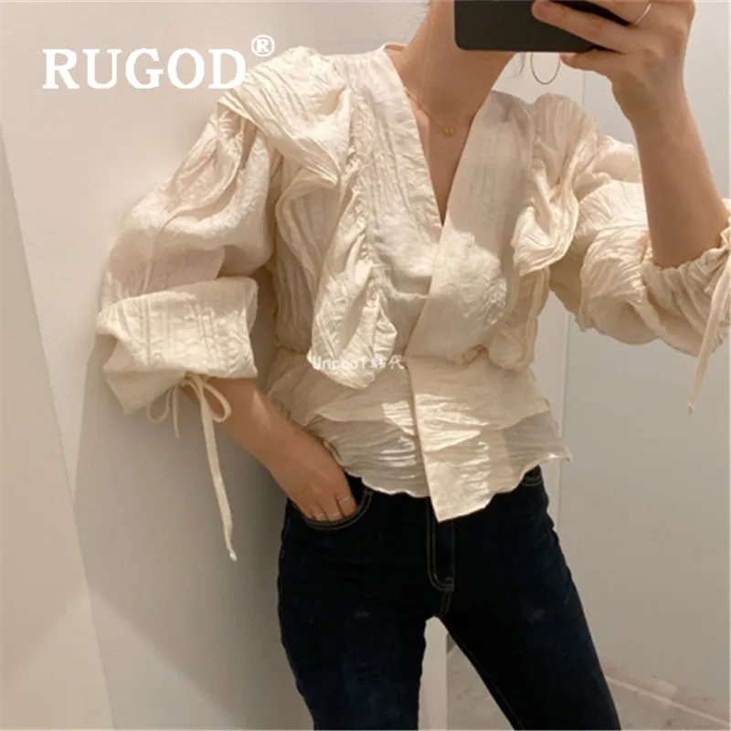 RUGOD Весна Harajuku блузка с оборками Женские блузки с длинным рукавом элегантный топ корейская модная одежда женские рубашки Повседневная рубашка