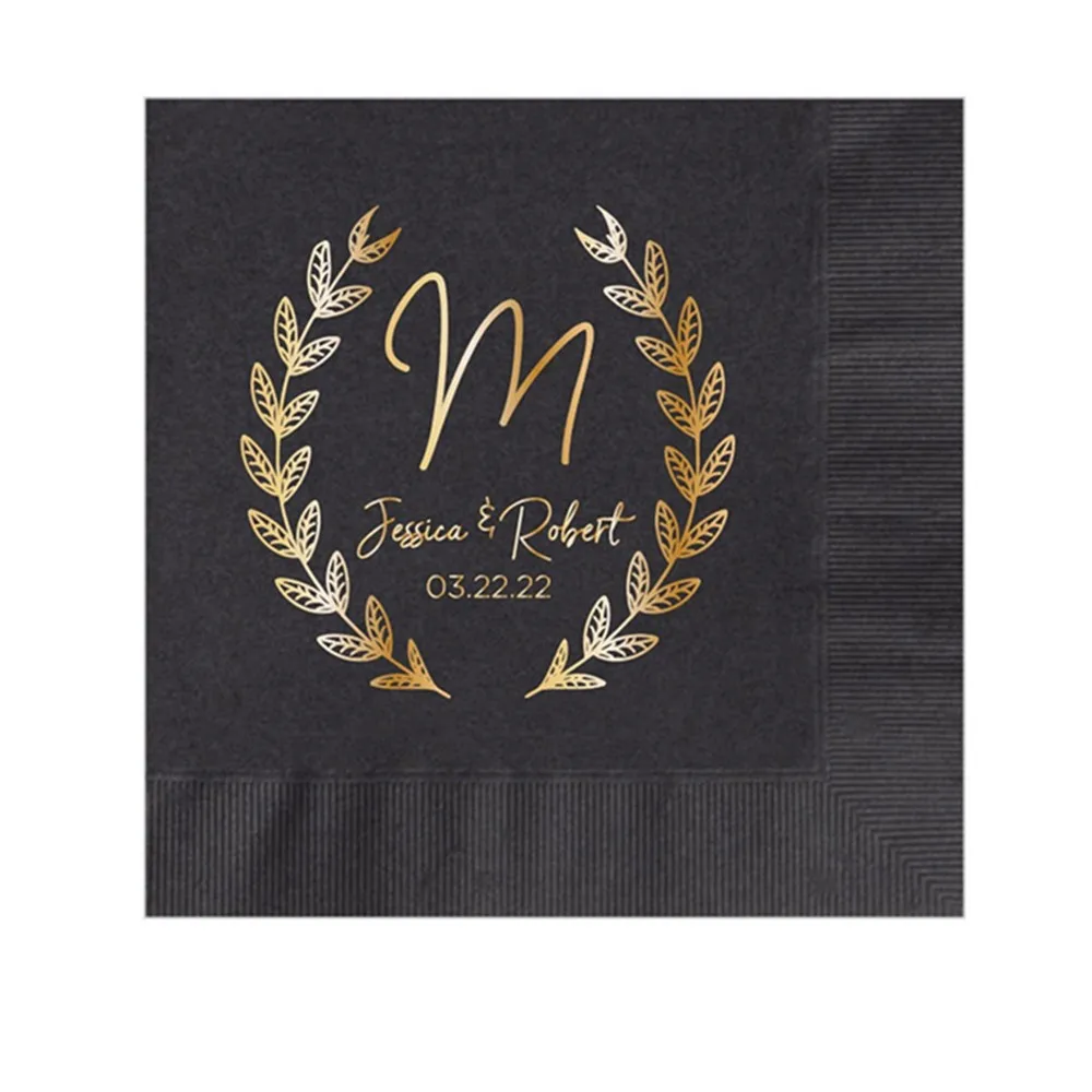 

Personalized Wedding Napkins Custom Foil Printed Paper Napkin Foil Wreath Cake Cocktail Beverage Luncheon Dinner Guest Towel