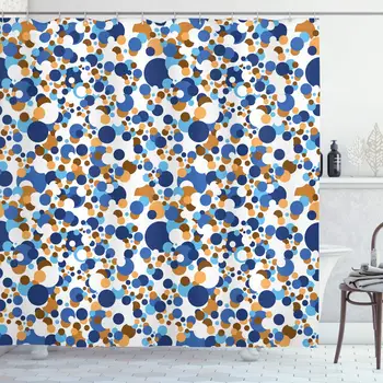 

Abstract Shower Curtain, Abstract Circle Round in Color Bubble Retro Celebration Design, Cloth Fabric Bathroom Decor Set with