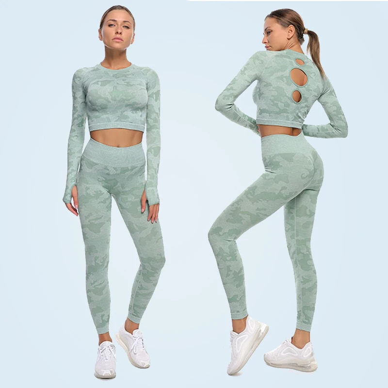 Conjunto deportivo sin de 2 piezas para mujer, ropa deportiva de manga larga, Top corto, Leggings, conjunto de Yoga, traje de entrenamiento XL, ropa de gimnasio para Fitness, 2022|Conjuntos de yoga| -