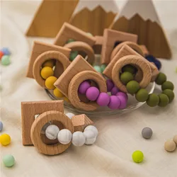 Anneau de dentition en bois de hêtre pour bébé, anneaux en Silicone, perles, Bracelets géométriques, hochets en bois, jouet, cadeau pour nouveau né 