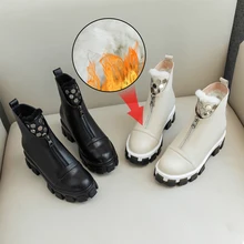 Большие размеры 34-43; новые зимние сапоги из натуральной кожи; женские ботильоны на молнии с круглым носком; теплые зимние сапоги из овечьей шерсти; Ботинки martin