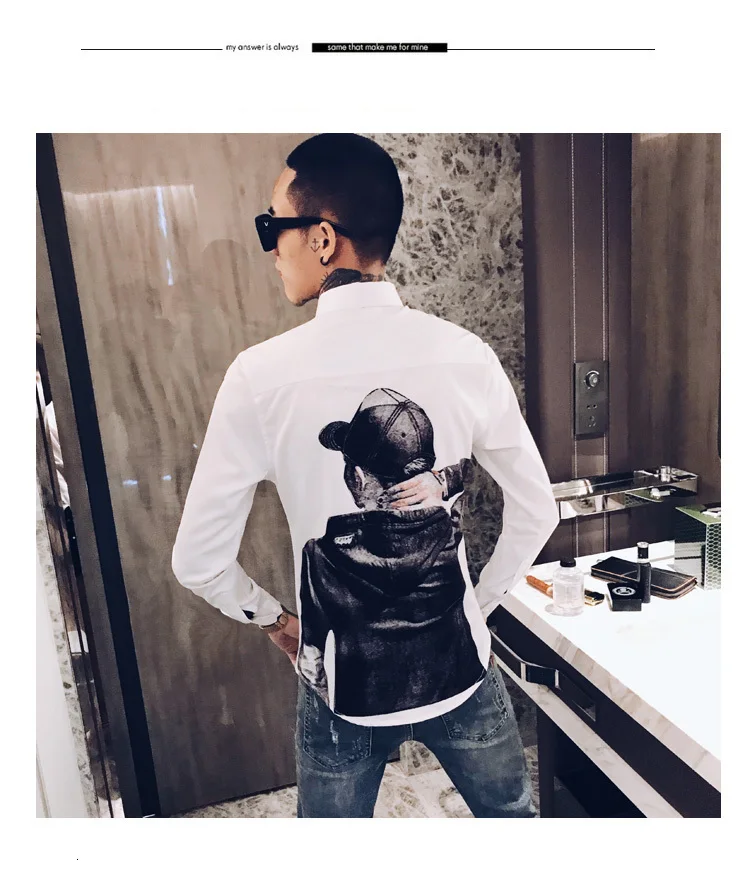 Осенняя мужская рубашка с принтом Camisa Hombre Повседневная приталенная рубашка Мужская Уличная рубашка Camisas Hombre черный смокинг для ночного клуба