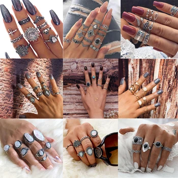 

XIYANIKE 39 Styles Bohemian Retro Crystal Rings Flower Elephant Hollow Lotus Gem Silver Color Ring Set Women Wedding Party Gift