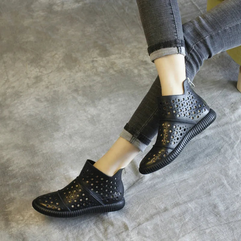 

Women Leather Boots Sandals Low Heels Casual White Shoes Women Hollow Out Summer Ankle Boots Black Handmade Genuine Leather Boot