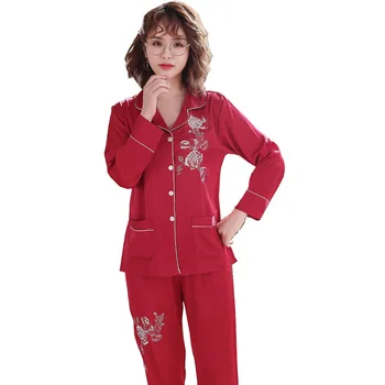 

Autumn Women Sleep Pajama Sets Polyester Chiffon Casual Breathable Print Sleepwear Home Full Sleeve Thin Nightwear Cardigan