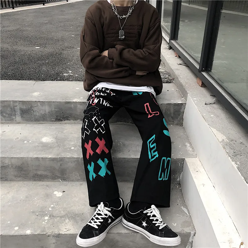 Lychee, Harajuku, граффити, женские штаны, свободные, эластичная талия, хлопок, широкие, женские штаны, повседневные, весна, осень, женские штаны
