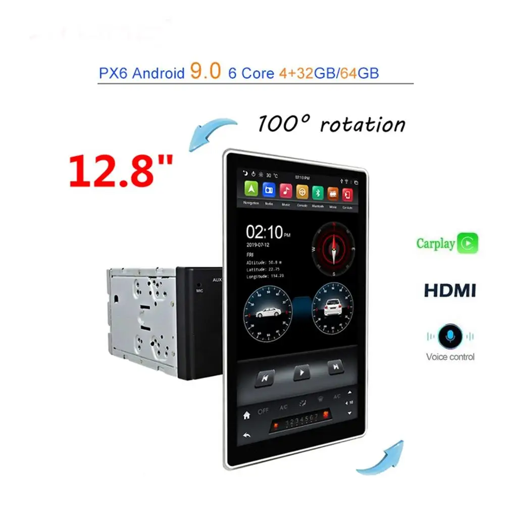 Автомагнитола PX6 4 + 64 ГБ IPS поворот на 100 ° 6 ядер 2 din 12 8 дюйма Android 9 0 GPS Bluetooth 5 Wi