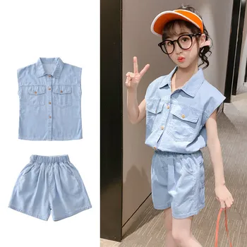 

Summer Kids Girls Clothes Sets Solid Color Tops and Short Pants Back Flower Outfits New Arrival Casual Kids Denim Clothes Sets