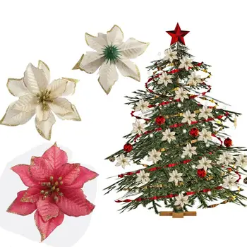 

50pcs Christmas Tree Ornament Flowers Glitter Home Poinsettia Wedding Festival Party Decor Artificial Flowers Hotel