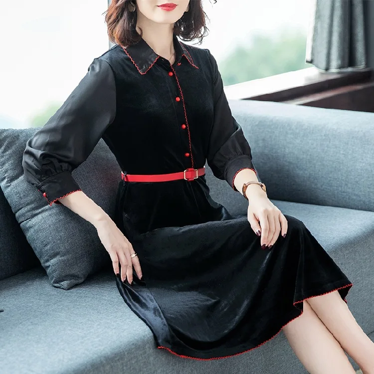 

Black And White with Pattern Gold Velvet Dress Women's Long-Sleeve 2020 Spring New Style Elegant High-End Western Style Mid-leng