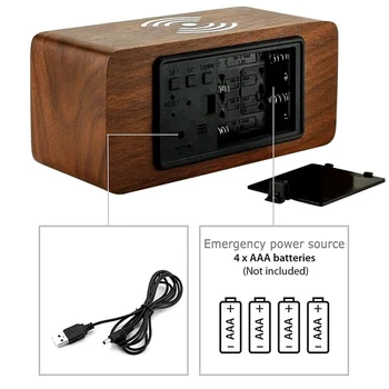 

Wood Alarm Clock Digital LED Desk Qi Wireless Charger pad Voice Control