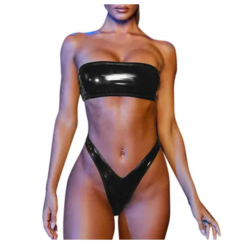 

WOMAIL Women's Underwear Split Sexy Black Tube Top Halter Patent Leather Split Lingerie Fashion Bra Sexy Lenceria Mujer 20Jan06