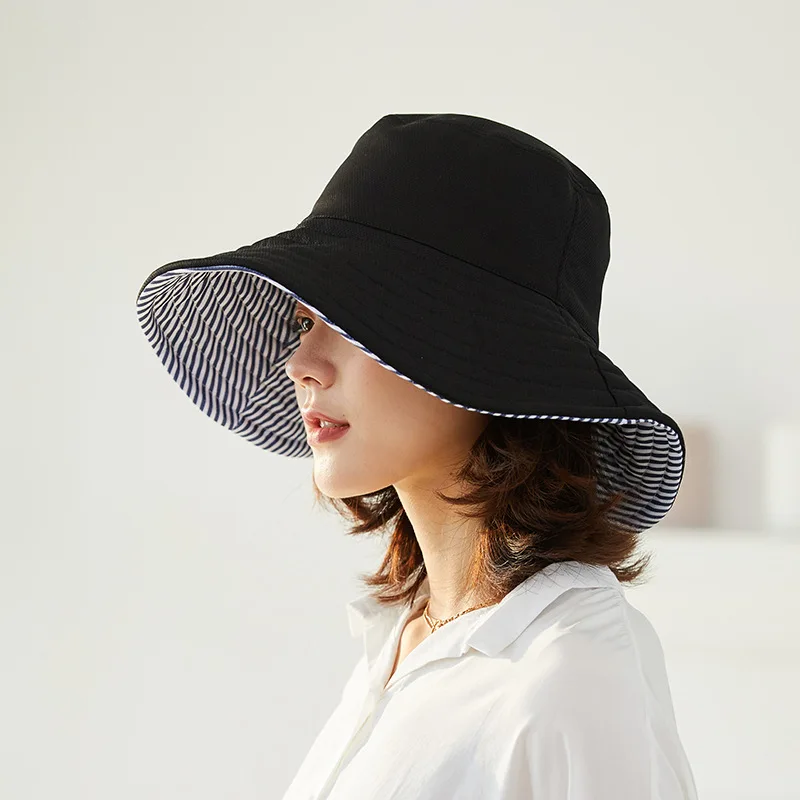 Dames bucket hat gestreept met brede rand opvouwbare zonbescherming_voghion.com