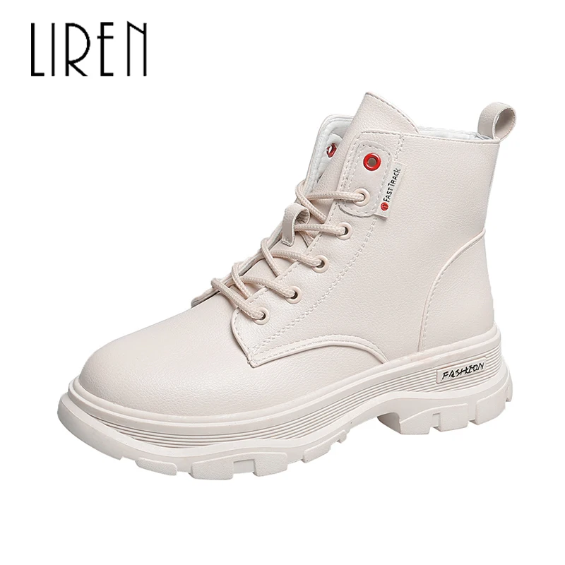 

Liren 2019 Spring/Autumn Women Fashion PU Sexy Lady Ankle Lace-up Boots Round Wrapped Toe Low Square Heels Comfortable Boots