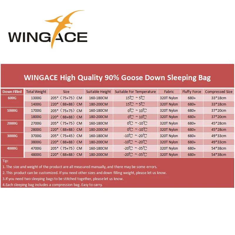 WINGACE Fill, 600 г, 1000 г, спальный мешок на гусином пуху, Сверхлегкий конверт, спальный мешок для кемпинга, походов, путешествий, для взрослых