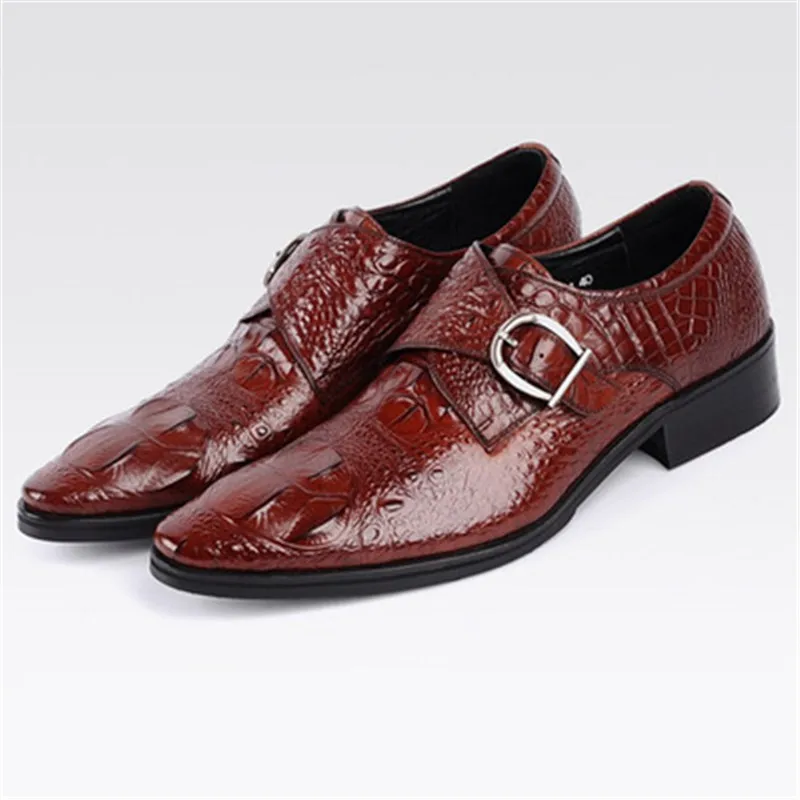 Высококачественные мужские строгие туфли оксфорды из натуральной кожи Мужская Металлическая черная пряжка ремня модельные свадебные туфли броги zapatos - Цвет: Бордовый