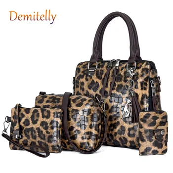 

Fashion Four-piece Leopard Print Women's Handbag Luxury Brand Design Ladies Small Square Bag Shoulder MessengerBag Casual Wallet