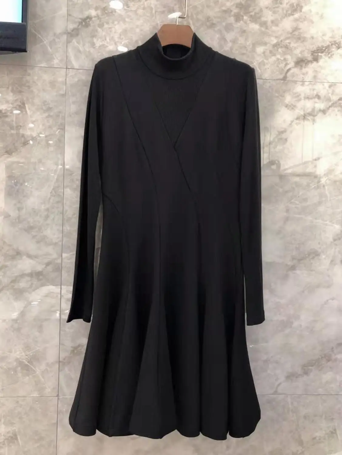 Классическое лоскутное женское черное платье с длинным рукавом хаки Осень Зима Женское простое цельное платье