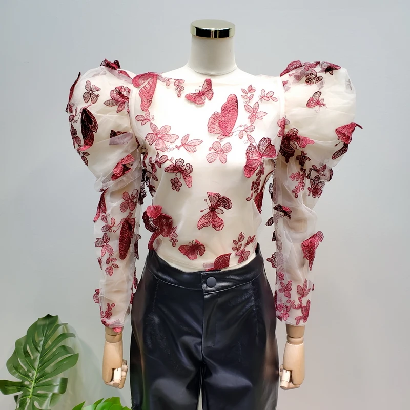 Корейская женская сетчатая винтажная блуза с объемной вышивкой бабочки, пышная блуза с длинными рукавами, короткая рубашка на молнии сзади, осенне-весенний укороченный топ, блузы