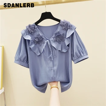 

Lace-up Doll Collar Three-Dimensional Flowers Short-Sleeve Shirt Female 2020 Summer Top Focus Blouse Blusas Mujer De Moda 2020