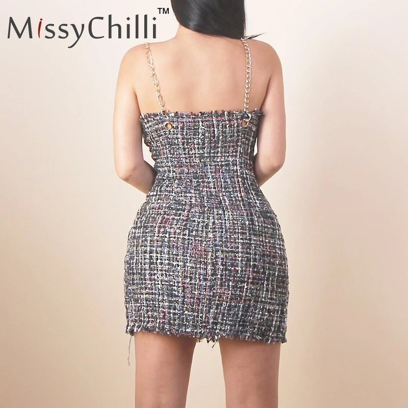 MissyChilli Tweed chain, Короткие вечерние платья для клуба, женское осеннее элегантное облегающее платье, женское сексуальное зимнее мини-платье с v-образным вырезом, vestido