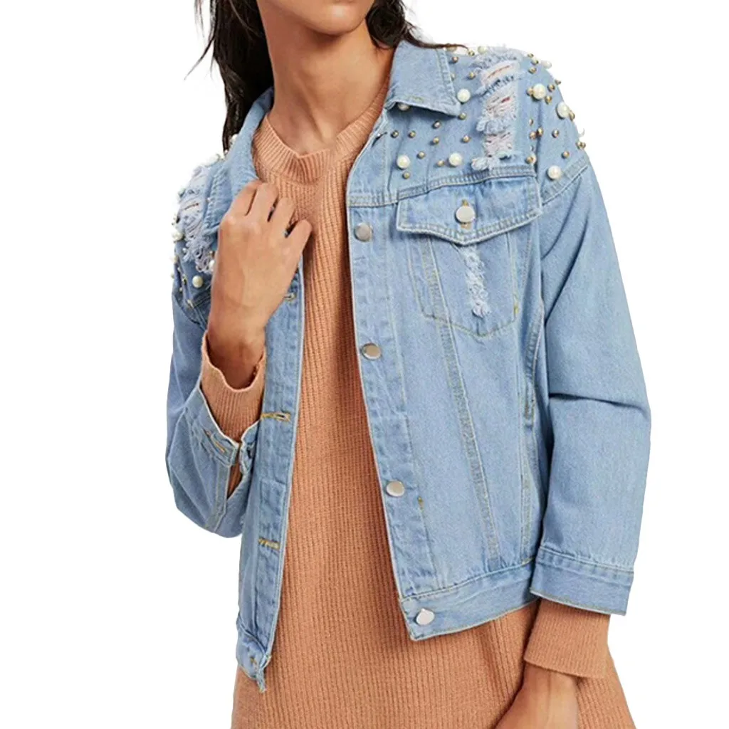 Женская джинсовая куртка на пуговицах с длинным рукавом и жемчужным бисером